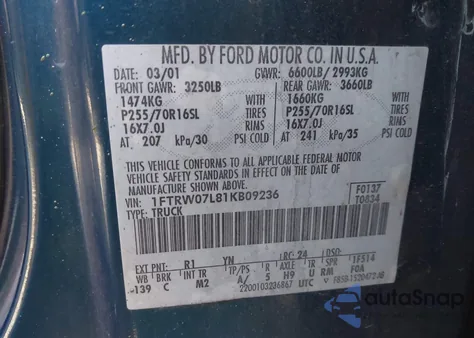 2001 Ford F-150 Harley-Davidson Edition/King Ranch Edition/Lariat/Xlt z USA, uszkodzony, nr VIN 1FTRW07L81KB09236